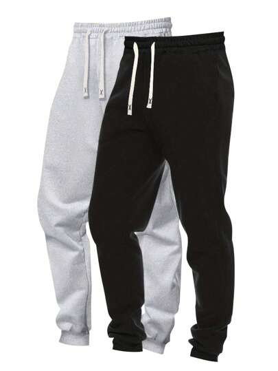 2pcs/Set Plus Size Men Casual Solid Color Drawstring Waist Jogger Sweatpants
