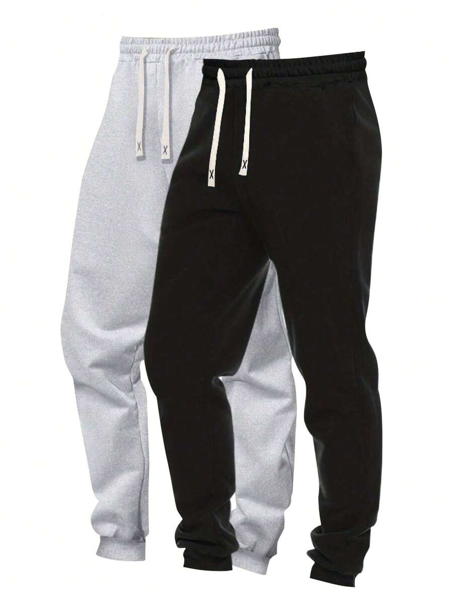 2pcs/Set Plus Size Men Casual Solid Color Drawstring Waist Jogger Sweatpants