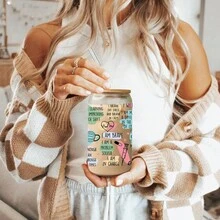 1 件 16 盎司便携式简易玻璃水瓶咖啡杯带吸管和盖子，礼品杯，可爱有趣图案透明玻璃水杯，饮水杯啤酒杯，可重复使用，送给家人、朋友的节日礼物，护士节，送给护士的节日礼物 - 透明 - 查看 5