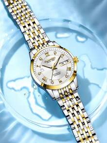 1 chiếc đồng hồ dạ quang chống nước GUANQIN có lịch đôi đính đá giả kim cương, dây đeo bằng thép không gỉ chống mài mòn, thời trang doanh nhân sang trọng, cổ điển, đơn giản, thường ngày, tự lên dây cót cho nam, đồng hồ cơ tự động thích hợp cho lễ hội, hẹn hò, kinh doanh, quà tặng - Hoa hồng vàng - Xem 3