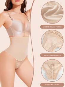 JUQDNX High Waist Shaping Thong - Tummy Control & Butt Lift, Lace Shaping Panties, Create Alluring Figure, Smooth Curve Contouring - Beige - View 2