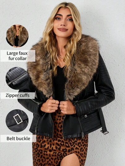 Giolshon Women's Faux Leather Jacket For Autumn/Winter, Detachable Fur Collar, Motorcycle Style Artificial Fur Collar Jacket, Comes With Belt