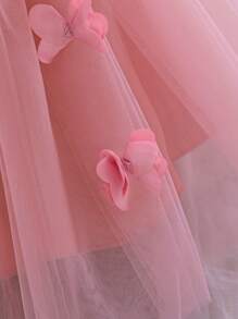 Baby Girls Solid Color Mesh & Satin Sleeveless Floral Decor Elegant  Flower Girl Dress For Wedding Party
