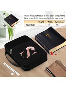 时尚简约复活节耶稣印花圣经袋和 1 个不锈钢书签，带和链条、首字母印刷、圣经封面、圣经架、便携整理袋，带拉链和口袋，适用于标准尺寸圣经袋，用于圣经学习，圣经封面，花卉圣经盒，带手柄的圣经袋，非常适合成人女性男性圣经学习（黑色）（拉链位置随机）