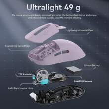 ATTACK SHARK X3 49g Ultralight Mouse, PixArt PAW3395 Gaming Sensor, BT/2.4G Wireless/Wired Gaming Mouse, 26000 DPI, 200 Hours Battery, Office Mice for Win11/PS - Violett - Übersicht 2
