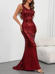 Women's Elegant V-Neck Mermaid Sleeveless Beaded Formal Evening Party Gown Dress For Wedding, Banquet - Burgundy - View 5