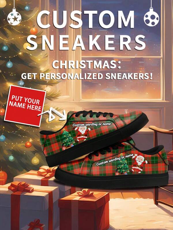 1 Par de Zapatillas Personalizadas de Navidad con Nombre Personalizado, Zapatillas con Imagen Personalizada de Santa, Calzado Navideño con Nombre Personalizado, Zapatillas Únicas con Diseños Festivos, Zapatillas Personalizadas con Foto, Zapatos Personalizados para Él y Ella, Zapatillas Casuales Personalizadas, Regalo Perfecto de Vacaciones para Mamá/Papá/Ella/Él/Novia/Novio/Esposa/Esposo/Amigo.