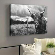 1pc Framed Highland Cow Wall Art Animals Poster Black And White Nature Prints Rustic Highland Cow Print Cow Wall Art Print Farmhouse Decor Farmhouse Artwork For Living Room Bedroom Office Decor - 淺灰色 - 查看 6