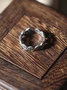 1 件 925 纯银镂空圆形硬币设计戒指，复古锈蚀风格男女通用时尚嘻哈朋克摇滚派对配饰 - 銀色 - 查看 5