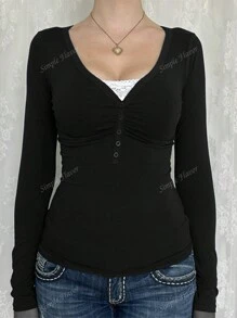 Simple Flavor Women's T-Shirt Y2K Fall Clothes Casual Daily Sexy Solid Color Lace Contrasting Color Slim Long Sleeve V-Neck Top