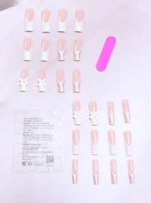 96 件/4 套按压式指甲长杏仁丙烯酸指甲白色法式蝴蝶结形珍珠设计假指甲，粉色蝴蝶结樱花盖假指甲包含 4 件果冻胶和 4 件指甲锉，适用于女士和女孩的美甲装饰