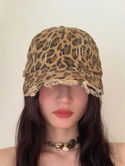 1pc Women Retro Curved Brim Structured Leopard Print Sun Hat Cool Street Fashion Baseball Cap.