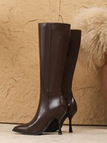 Plus Size Women's Fashionable Over-The-Knee Boots, High Heel Casual Walking Boots, Zipper Closure, Slim Heel, Brown, Autumn/Winter