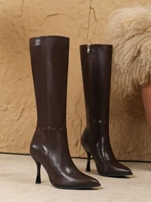 Plus Size Women's Fashionable Over-The-Knee Boots, High Heel Casual Walking Boots, Zipper Closure, Slim Heel, Brown, Autumn/Winter