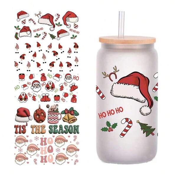5 Sheets/Set Cute Christmas Hat Design UV Dtf Transfer Sticker Waterproof 3d DTF Embossed Crystal Label 16OZ Glass Cup Wrap Wall Stickers Decoration Rub On Scrapbook High Quality Scrapbooking Material Sunscreen For Diy Decoration Of Glasses Laptop Mobile Phone Cases Fridge Computer Water Bottle Notebook Computer Planner Desk Handicrafts Sticker Material Pattern