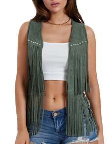 Women's Boho Hippie Chic Waistcoat Vest Ultra Lightweight Solid Hue Open Front Sleeveless Jacket Adorned With Tassels  Streetwear Layering