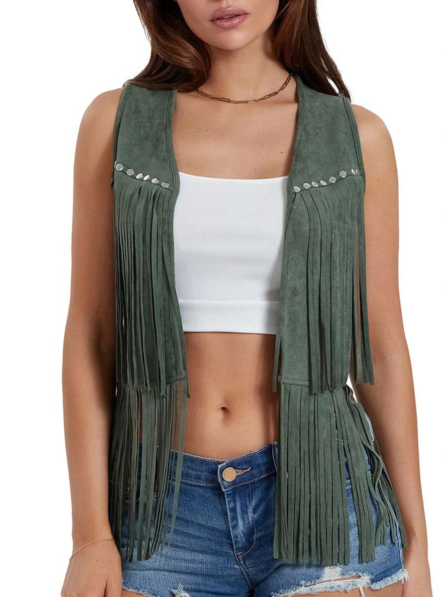 Women's Boho Hippie Chic Waistcoat Vest Ultra Lightweight Solid Hue Open Front Sleeveless Jacket Adorned With Tassels  Streetwear Layering