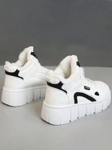 女士高帮鞋，冬季新款，厚保暖内衬，保暖，厚底运动鞋，时尚休闲运动运动鞋，防水底 - 白黑 - 查看 4