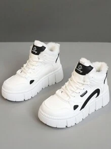 女士高帮鞋，冬季新款，厚保暖内衬，保暖，厚底运动鞋，时尚休闲运动运动鞋，防水底 - 白黑 - 查看 5