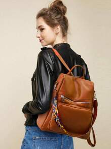 Backpack 2024 Women's Bag LARGE School Work Travel Synthetic Leather - 紫紅色 - 查看 2