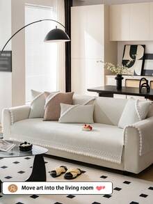 1 件雪尼尔提花面料座垫，韩式现代简约防猫抓防滑沙发套，防宠物毛发客厅沙发保护套，适用于 L 形、1/2/3/4 座沙发（单独出售） - 米色 - 查看 3