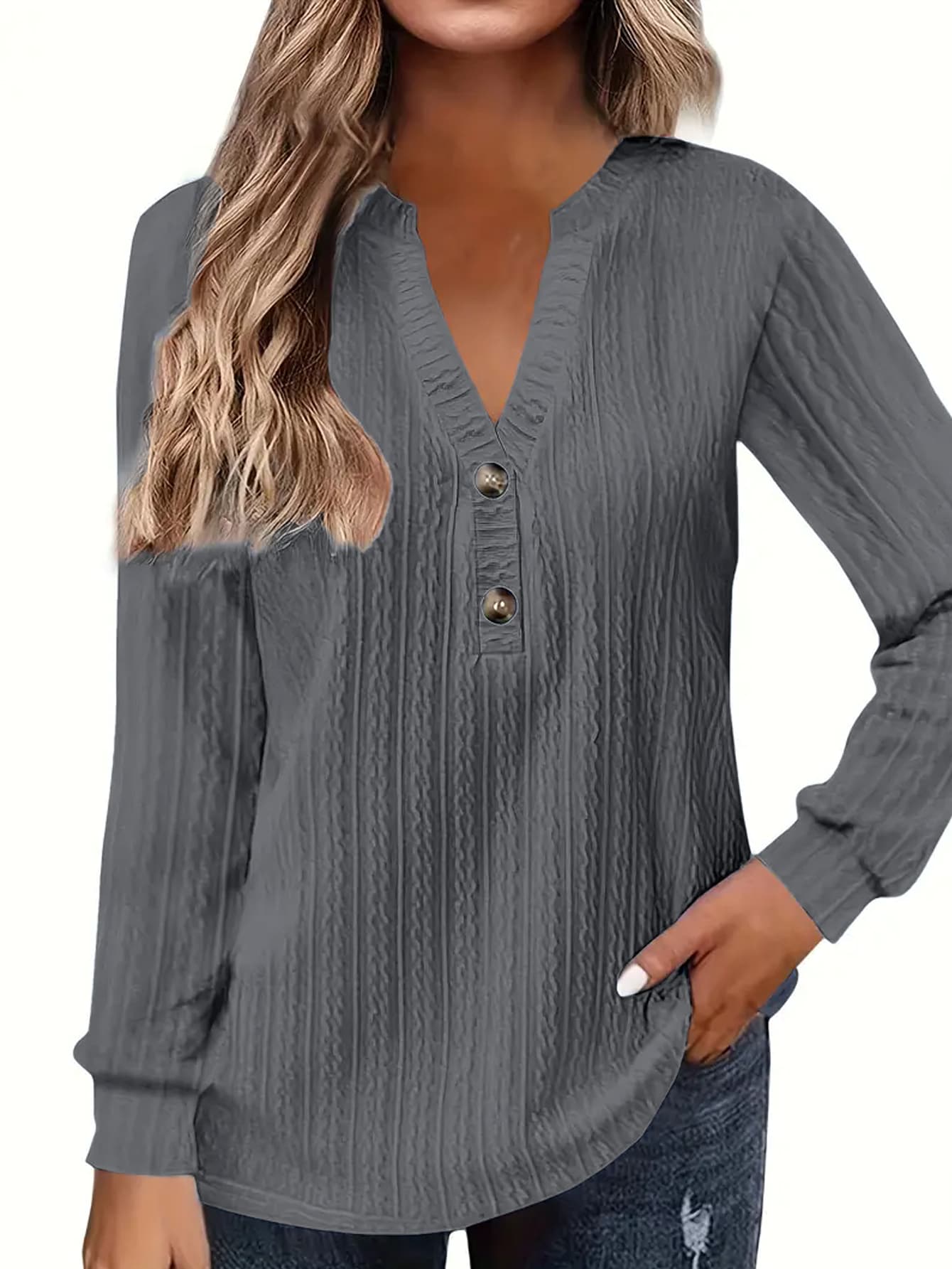 Atasan Pullover Lengan Panjang Kasual Kancing Leher V untuk Wanita Ukuran Plus - Grey - View 1