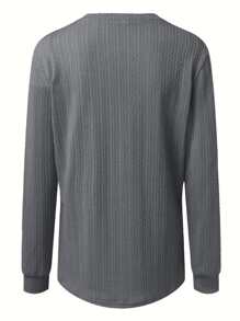 Atasan Pullover Lengan Panjang Kasual Kancing Leher V untuk Wanita Ukuran Plus - Grey - View 3