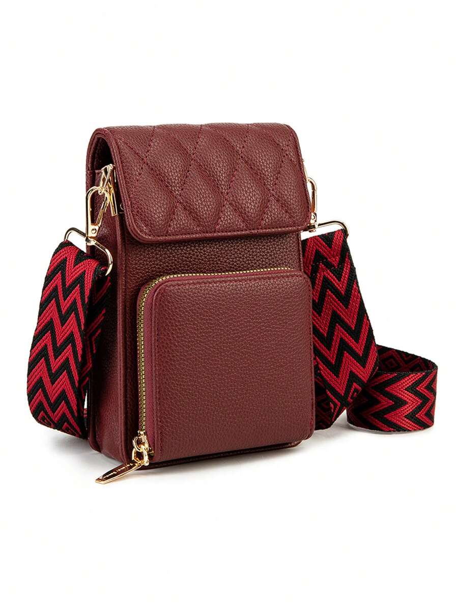 MIYIN 时尚休闲荔枝纹手机钱包，适合女士，配有可调节宽肩带，简约纯色 PU 单肩包，带卡槽和前拉链口袋，绗缝细节翻盖斜挎包，配有吉他背带，适合女士日常使用，手机袋，手机袋