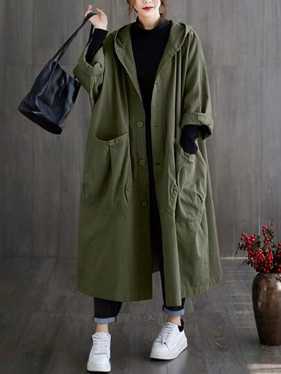 秋冬季女士超大款轻薄长款风衣，带大口袋、纽扣前襟、连帽，休闲百搭