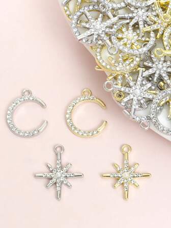 10 件闪亮新月和八角星吊饰，配水钻仿珍珠装饰 - 日常约会佩戴时尚简约珠宝制作配饰优雅项链、手链、耳环和四季服装装饰 DIY 星月形合金吊坠 - 开斋节、斋月礼物的理想选择