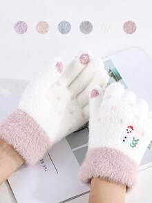 1 件雪人圆点刺绣保暖女士手套，街头户外万物寒冷，家庭聚会，节日礼物 - 彩色 - 查看 2