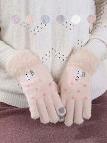 1 件雪人圆点刺绣保暖女士手套，街头户外万物寒冷，家庭聚会，节日礼物 - 彩色 - 查看 3
