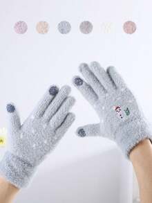 1 件雪人圆点刺绣保暖女士手套，街头户外万物寒冷，家庭聚会，节日礼物 - 彩色 - 查看 1