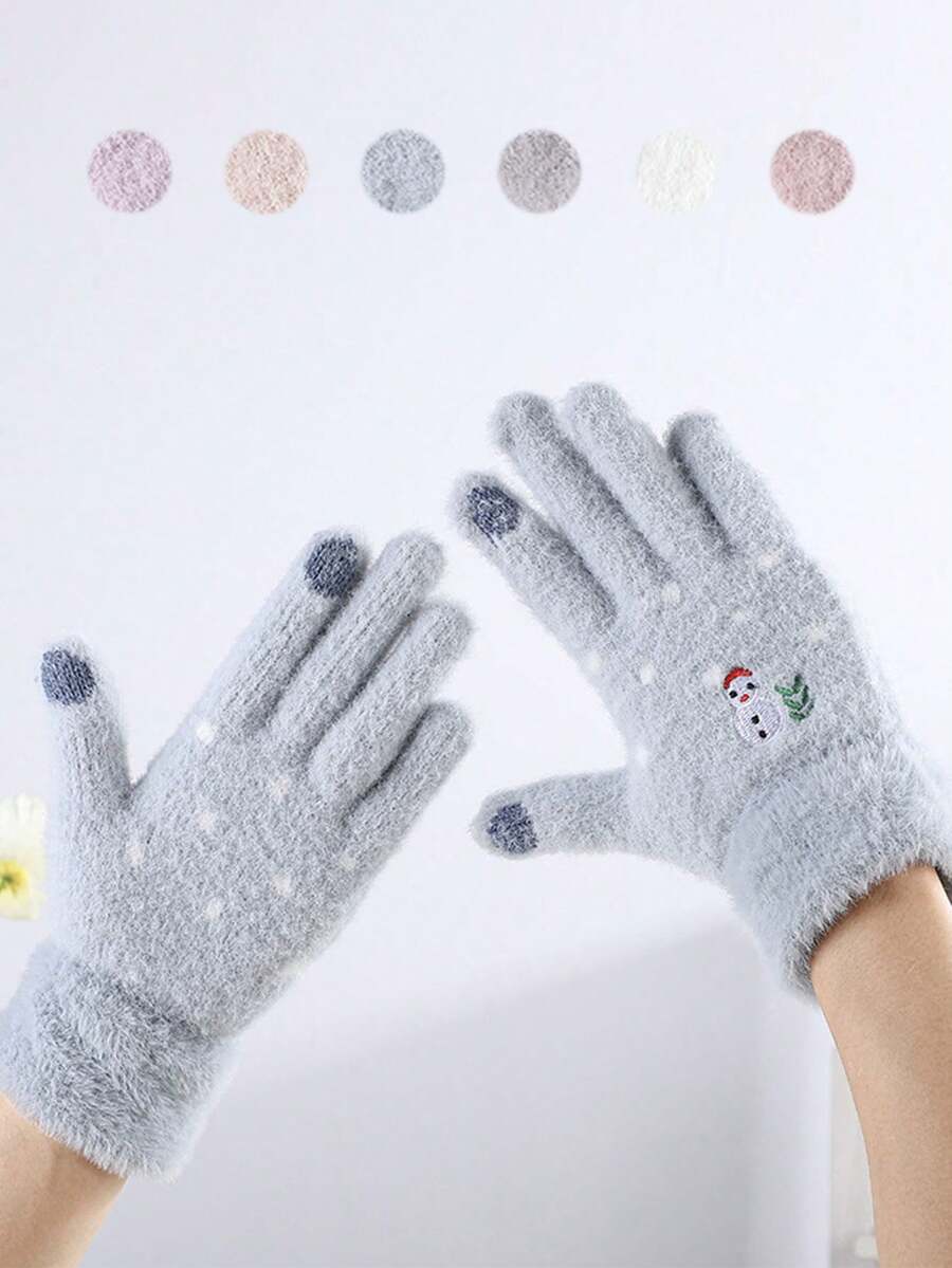 1 件雪人圆点刺绣保暖女士手套，街头户外万物寒冷，家庭聚会，节日礼物 - 彩色 - 查看 1