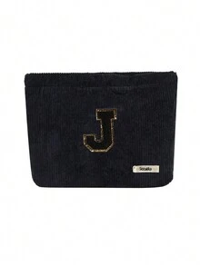 Túi cầm tay nhung kẻ, Túi đựng đồ trang điểm, Túi đựng đồ sọc đơn giản khi đi du lịch, Khăn đen thêu chữ A-Z, Ví đựng mỹ phẩm màu trơn, Túi đựng đồ trang điểm du lịch nhung kẻ dung tích lớn: Hoàn hảo cho việc làm đẹp khi di chuyển! Túi đựng đồ mỹ phẩm du lịch, Đơn giản và cao cấp, Đựng phụ kiện, Thích hợp để cất giữ trong ký túc xá, Du lịch, Đi công tác, Bơi lội, Đựng đồ tại nhà - màu đen - Xem 33