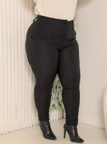 TAILORED PLUS SIZE DRESS PANTS ELASTANE BENGALINE 2 BUTTONS ZIPPER WAISTBAND ELEGANT CURVE - Preto Black - View 6