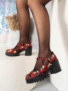 女士厚底坡跟乐福鞋，时尚大码高跟玛丽珍洛丽塔皮鞋，黑色漆皮多色百搭高跟鞋（颜色随机） - 彩色 - 查看 4