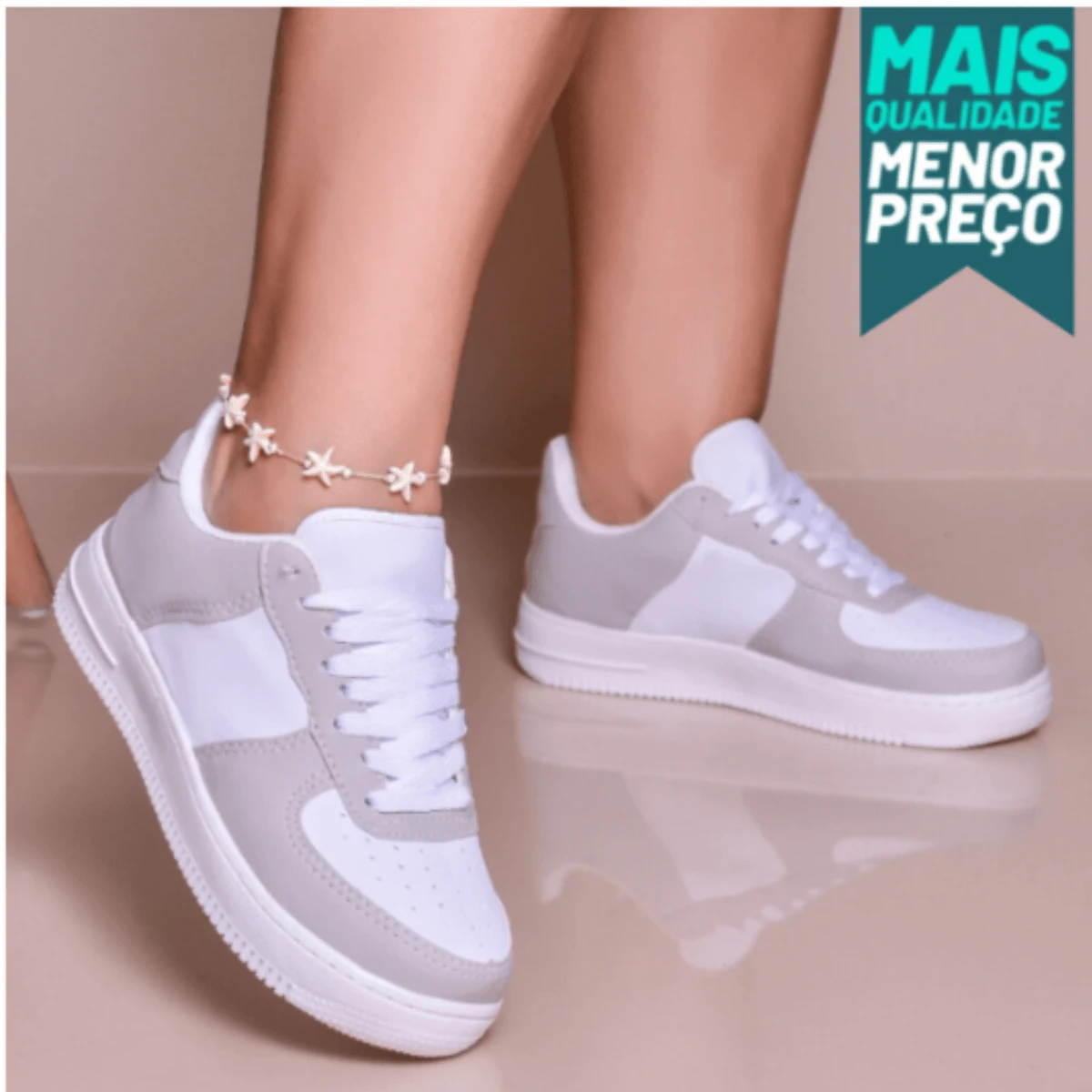 Tênis Casual Feminino Masculino Force Liso Couro Original colorido - Branco/Cinza - Visão 1