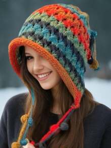 1 Bohemian Women's Rainbow Colored Knitted Hat, Autumn And Winter Tassel, Striped Crochet Knitted Hat, Is An Ideal Choice For Dressing Up Oneself