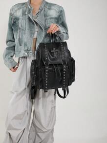 Original Handmade Y2K Hot Girl Soft Leather Subculture Backpack Dark Cross Iron Chain Commuting Bag - Black - View 5