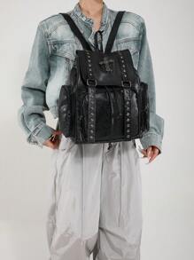 Original Handmade Y2K Hot Girl Soft Leather Subculture Backpack Dark Cross Iron Chain Commuting Bag - Black - View 4