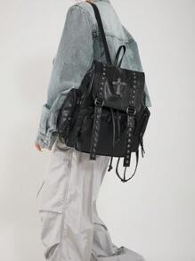 Original Handmade Y2K Hot Girl Soft Leather Subculture Backpack Dark Cross Iron Chain Commuting Bag - Black - View 3