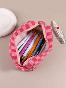 1 件格纹铅笔盒，返校，学校用品，铅笔袋，书包 - 棕色 - 查看 3