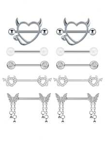Set de 10 piezas de joyería de piercing de pezón de acero inoxidable chapado en oro con diseños de mariposa, cadena y flor de 14G, aros y piezas de pezón con forma de corazón, para uso en citas, fiestas, Día de la Madre, regalo