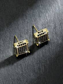 2 件简约铜方晶锆石方形耳钉，适合男士日常佩戴 - 耳環 - 查看 6