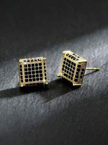 2 件简约铜方晶锆石方形耳钉，适合男士日常佩戴 - 耳環 - 查看 5