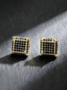 2 件简约铜方晶锆石方形耳钉，适合男士日常佩戴 - 耳環 - 查看 4