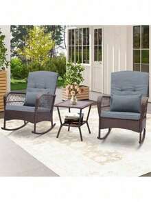 3 PCS Rocking Bistro Rattan Conversation Dining Sofa Set W/ 2-Tiers Coffee Table - 1 - 查看 8