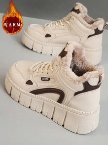 1 双女式多功能时尚纯色保暖内衬保暖防水厚底休闲运动鞋高帮雪地靴，适合日常休闲穿着、户外运动 - 卡其色 - 查看 8