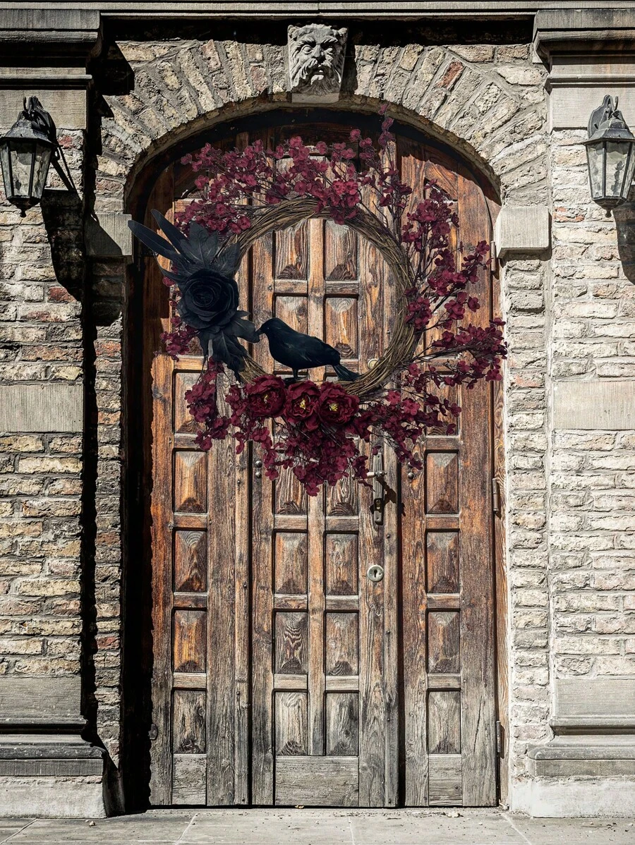 1pc Gothic Halloween Burgundy Rose & Crow Wreath, Artificial Vine Wreath For Door, Wall, Indoor Outdoor Decor - Burgundy - View 1